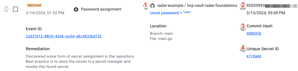 HCP Vault Radar event detail expanded to show additional details about the
item detected in the source code