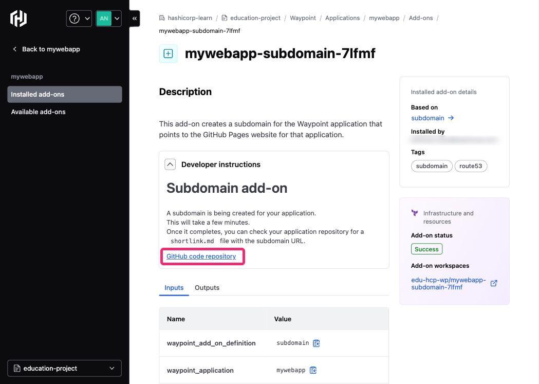 HCP Waypoint installed add-ons page showing the rendered code repository link