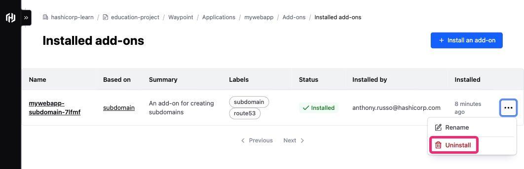 HCP Waypoint installed add-ons page showing uninstall button